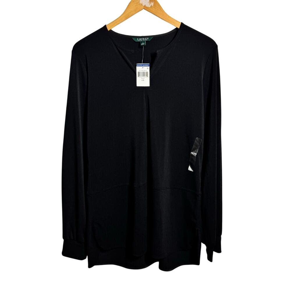 Lauren Ralph Lauren Tunic Blouse Women L Black Stretch Draped Career Classic NWT